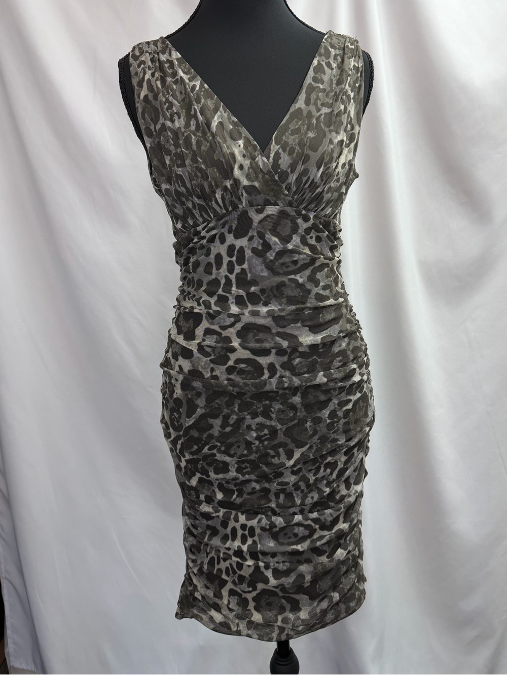 Sweet Pea by Stacy Frati Gray Leopard Mesh Ruched Bodycon Dress
